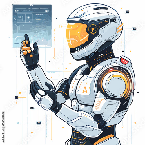 Robot is holding a tablet and pointing at something on the screen. The robot is wearing a white suit and has a yellow stripe on its arm. The image is a futuristic scene with a lot of technology