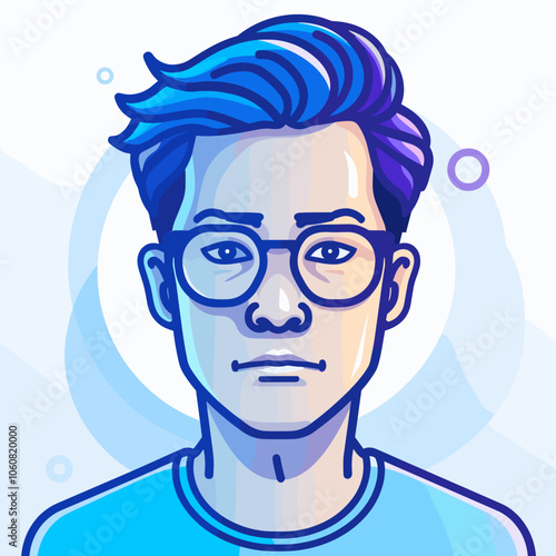 Man with blue hair and glasses is shown in a blue shirt. The image is of a cartoonish style and has a somewhat serious mood