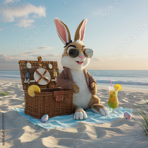 Cool Easter bunny on vacation on the beach with a cocktail.