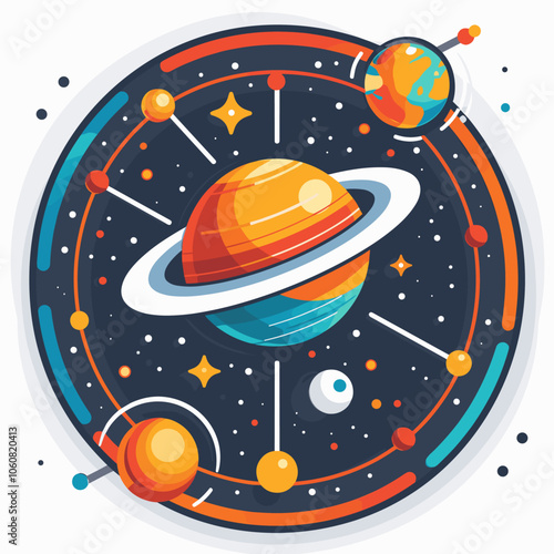 Colorful drawing of a planet with a blue and orange ring around it. The planet is surrounded by other planets and stars, creating a sense of depth and wonder. Scene is one of exploration