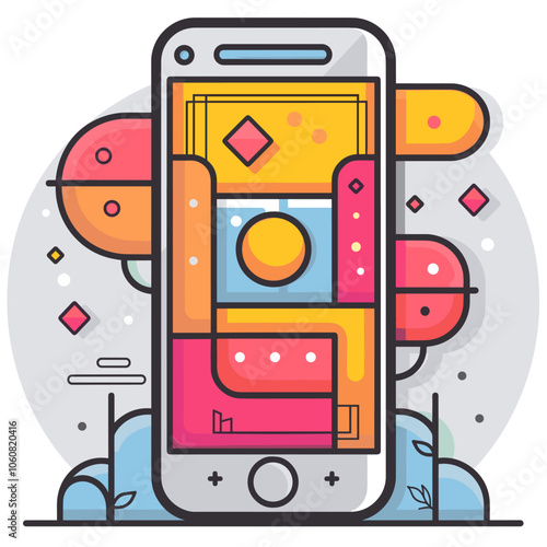 Phone with a colorful background and a red circle in the middle. The background is filled with various shapes and colors, giving the impression of a fun and playful design