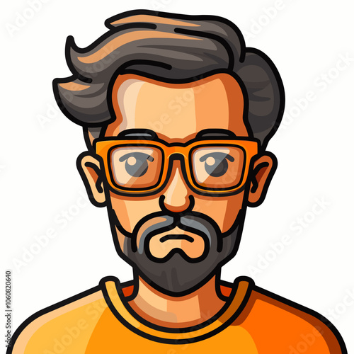 Man with glasses and a beard is wearing an orange shirt. He looks sad and is frowning