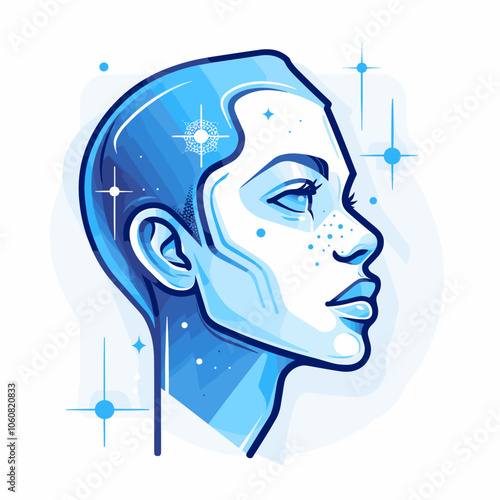 Woman's face is drawn in blue with stars and dots. The blue color gives a sense of calmness and serenity. The stars and dots add a sense of whimsy and playfulness to the image