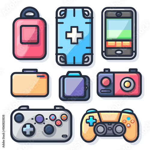 Set of cartoon images of various electronic devices, including a cell phone, a camera, a video game controller, and a backpack