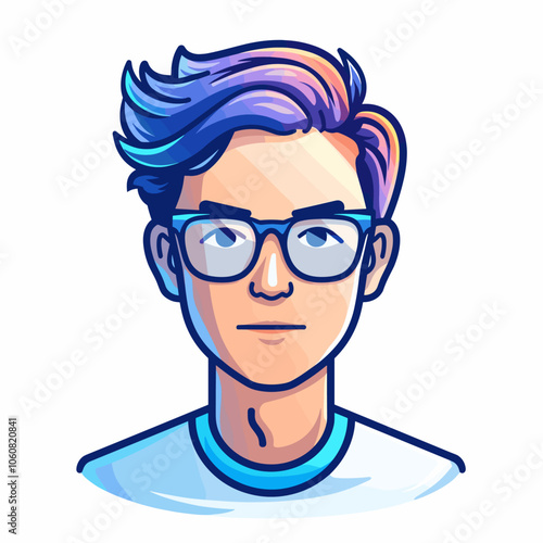 Man with blue hair and glasses is wearing a white shirt. He has a serious expression on his face