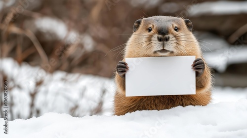 Groundhog holding blank sign for text in winter wonderland for groundhog day