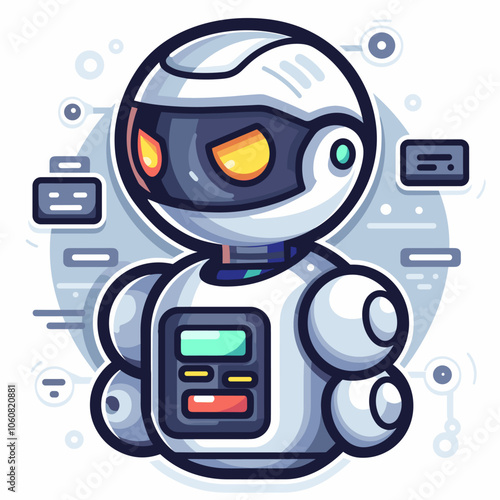 Robot with a blue face and yellow eyes stands in front of a white background. The robot is wearing a blue suit and has a blue button on its chest