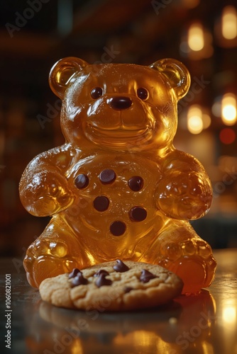 Giant gummy bear holds a cookie, standing in indoor setting photo