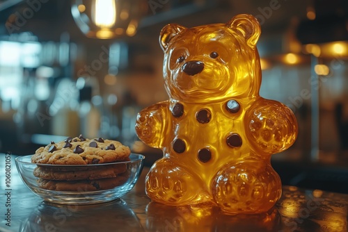 Giant gummy bear holds a cookie, standing in indoor setting photo