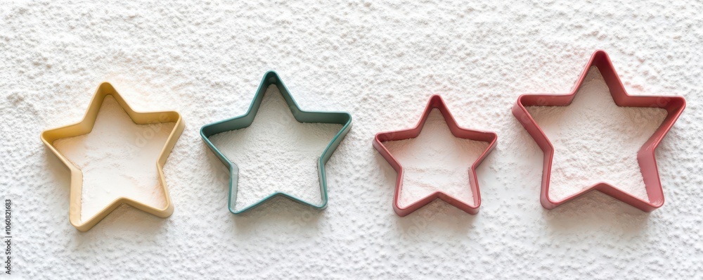 Fototapeta premium Flat lay of holiday cookie cutters on a minimalist white surface with only a dusting of flour