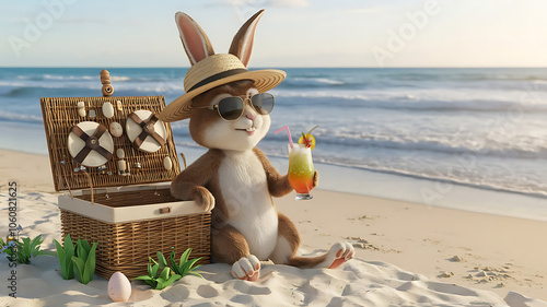 Cool Easter bunny on vacation on the beach with a cocktail.