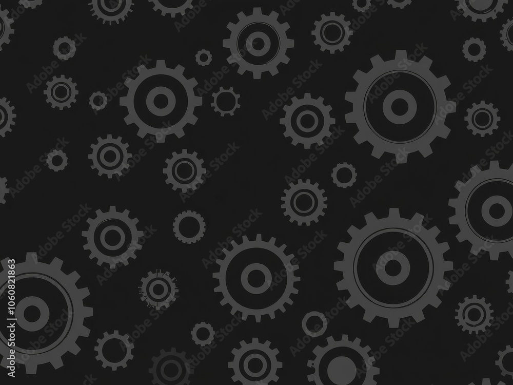 Seamless pattern of various sized cogs in shades of gray on a black background, technology, industrial Seamless pattern of various sized cogs in shades of gray on a black background, technology, industrial