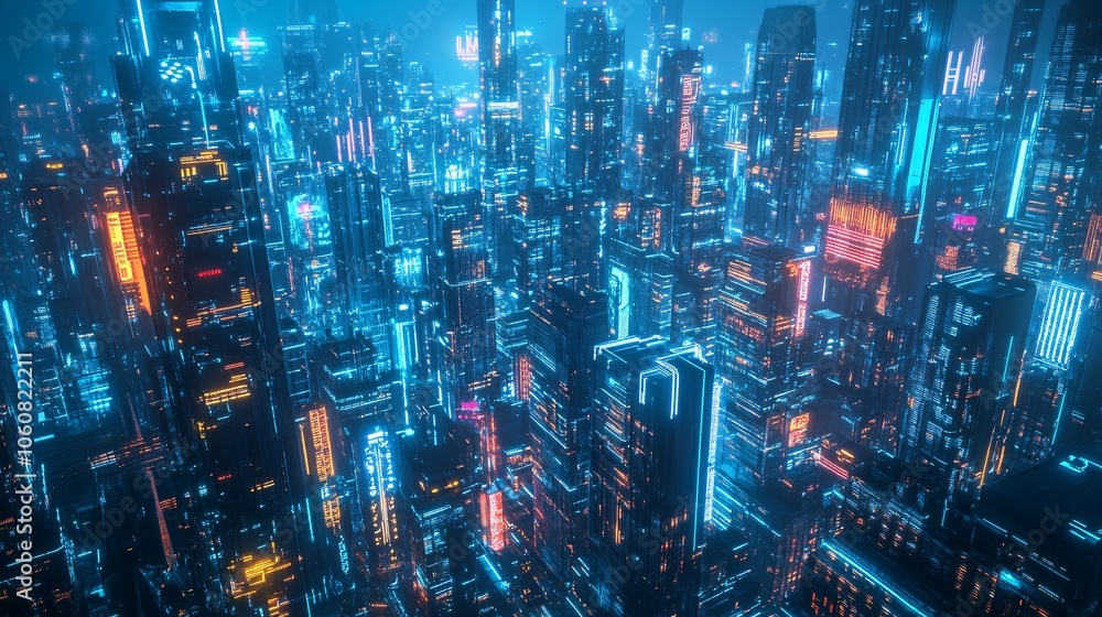 Cyberpunk Cityscape: Neon Lights and Towering Structures Cyberpunk Cityscape: Neon Lights and Towering Structures