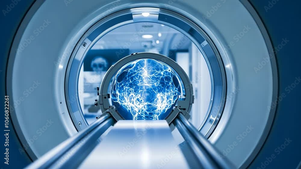 A patient's view inside an MRI machine, showing a glowing, blue digital brain during a scan A patient's view inside an MRI machine, showing a glowing, blue digital brain during a scan