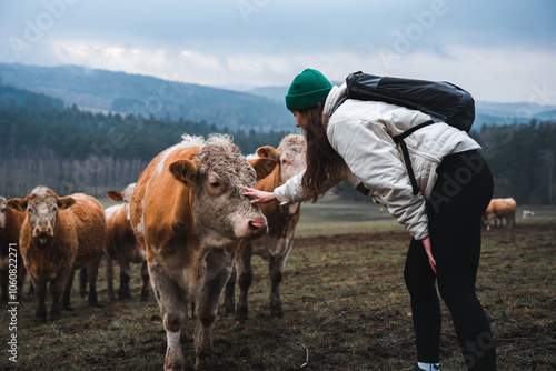 Vegetarian woman pets cow on meadow