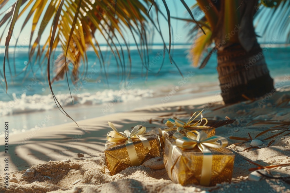 Obraz premium Two wrapped gifts on the sandy beach with a palm tree in the background, suitable for summer or holiday scenes