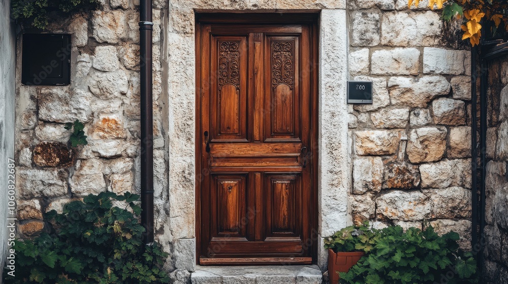 Rustic Wooden Door in Stone Building Entrance Rustic Wooden Door in Stone Building Entrance