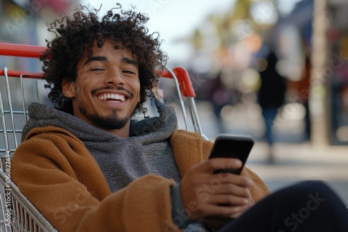 A person sitting in a shopping cart using their cell phone, possible humorous or ironic situation