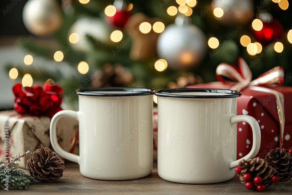 Bright and airy lifestyle scene featuring two white enamel mugs with black rims stacked in front of a beautifully decorated Christmas tree, surrounded by presents and bokeh lights. Bright and airy lifestyle scene featuring two white enamel mugs with black rims stacked in front of a beautifully decorated Christmas tree, surrounded by presents and bokeh lights.
