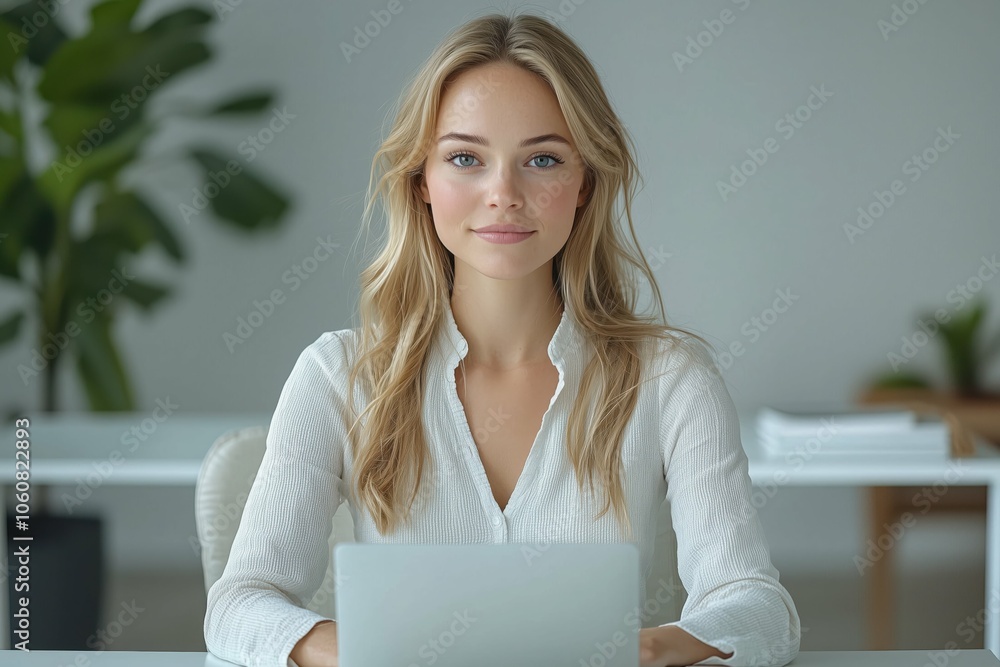 Person in white and beige attire working in sleek office space. Person in white and beige attire working in sleek office space.