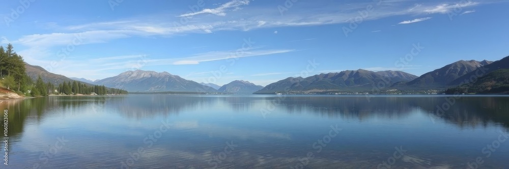 Scenic view of a tranquil lake surrounded by lush green trees and mountains in the background, peaceful, fresh Scenic view of a tranquil lake surrounded by lush green trees and mountains in the background, peaceful, fresh