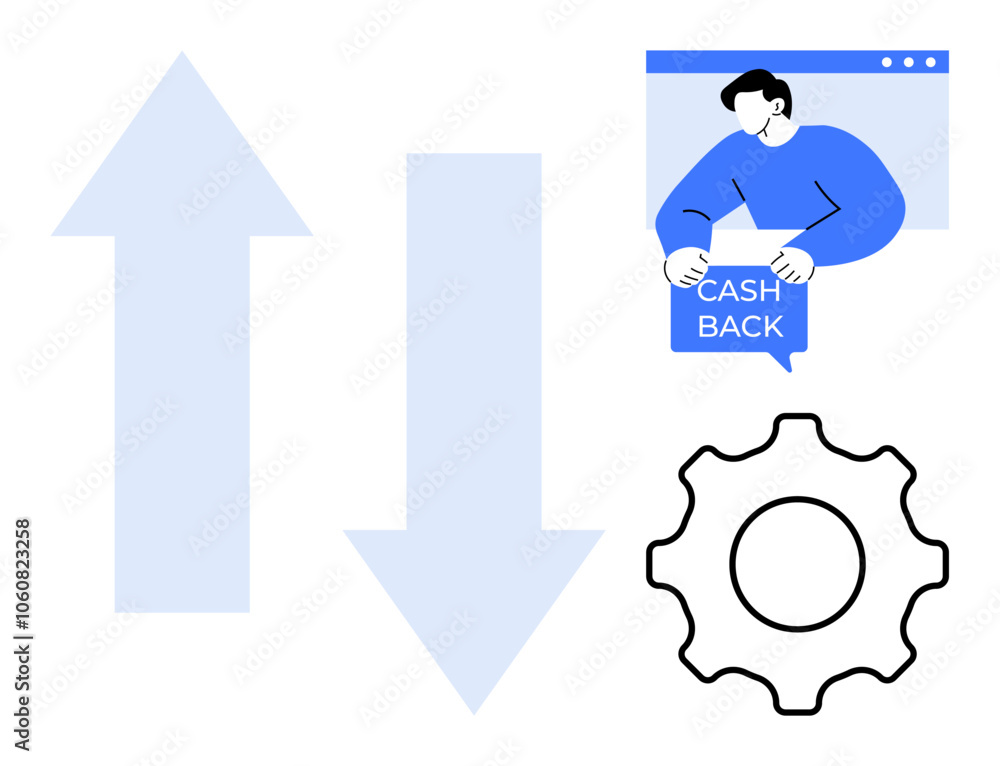 Man holding cash back sign on web page, up and down arrows, gear. Ideal for cashback systems, online shopping, e-commerce, financial transactions, user interface design. Flat design style Man holding cash back sign on web page, up and down arrows, gear. Ideal for cashback systems, online shopping, e-commerce, financial transactions, user interface design. Flat design style