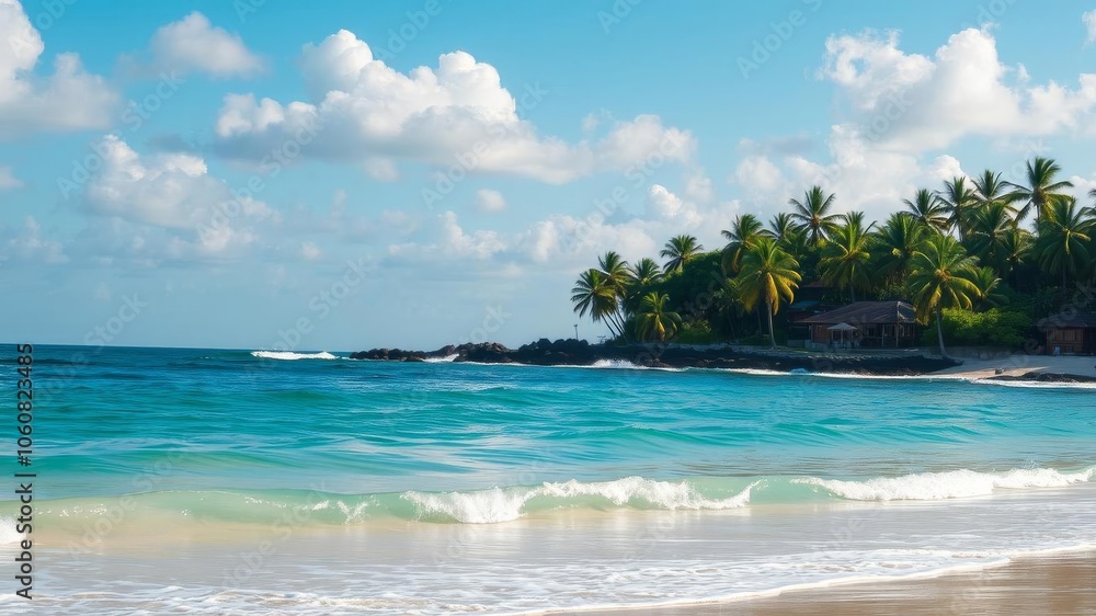 Sandy beach with crystal clear blue water and palm trees, escape, getaway Sandy beach with crystal clear blue water and palm trees, escape, getaway