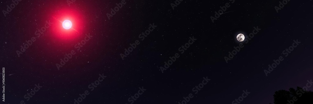Red moon shining brightly in a starry night sky with silhouettes of trees, red, natural Red moon shining brightly in a starry night sky with silhouettes of trees, red, natural