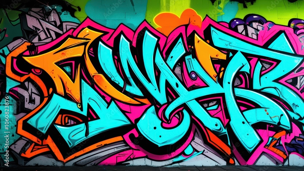 Naklejka premium Colorful graffiti art, vibrant street mural, wildstyle lettering, neon colors, abstract urban design, spray paint texture, dynamic curves and arrows, intricate overlapping shapes, psychedelic color pa