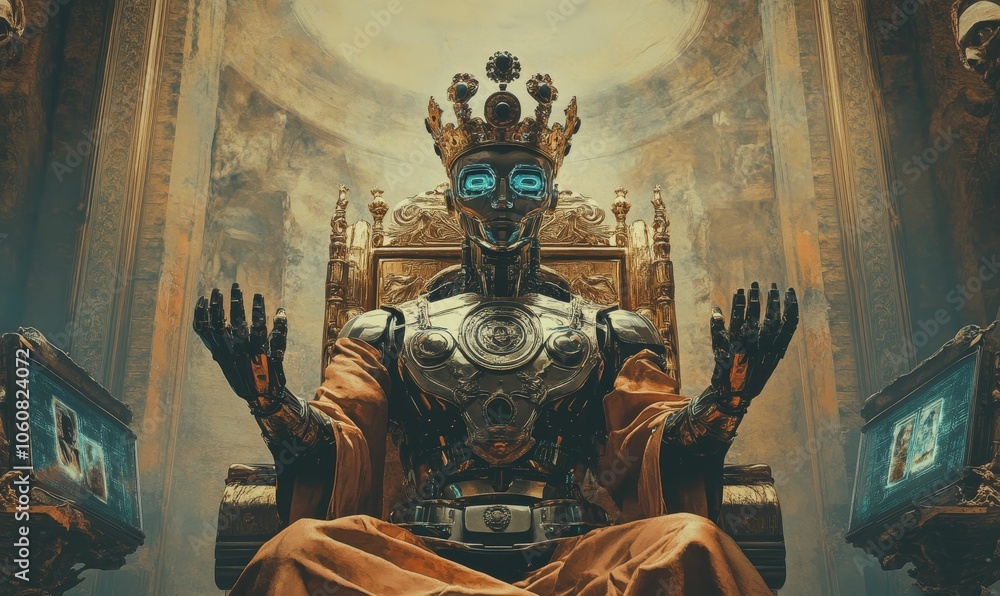 Fototapeta premium Robot king on throne in ornate room.