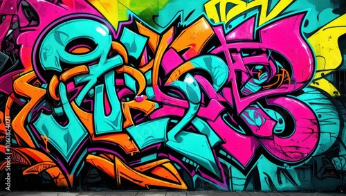 Wallpaper Mural Colorful graffiti art, vibrant street mural, wildstyle lettering, neon colors, abstract urban design, spray paint texture, dynamic curves and arrows, intricate overlapping shapes, psychedelic color pa Torontodigital.ca