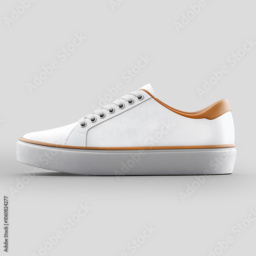 3D Mockup Render casual white tennis shoes with brown lines