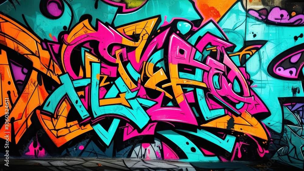 Fototapeta premium Colorful graffiti art, vibrant street mural, wildstyle lettering, neon colors, abstract urban design, spray paint texture, dynamic curves and arrows, intricate overlapping shapes, psychedelic color pa