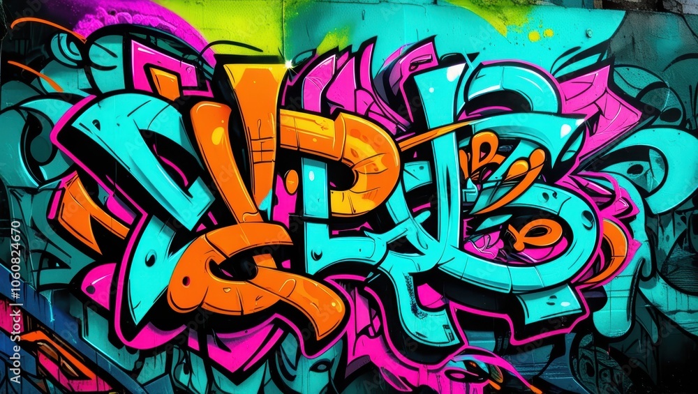Colorful graffiti art, vibrant street mural, wildstyle lettering, neon colors, abstract urban design, spray paint texture, dynamic curves and arrows, intricate overlapping shapes, psychedelic color pa Colorful graffiti art, vibrant street mural, wildstyle lettering, neon colors, abstract urban design, spray paint texture, dynamic curves and arrows, intricate overlapping shapes, psychedelic color pa