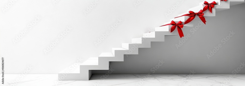 custom made wallpaper toronto digitalElegant white staircase adorned with red bows, featuring a minimalist design and an empty wall space for text or decoration, creating a festive atmosphere.