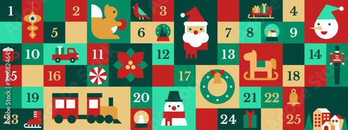 Advent calendar Merry christmas with cute character winter theme. banner template flat style