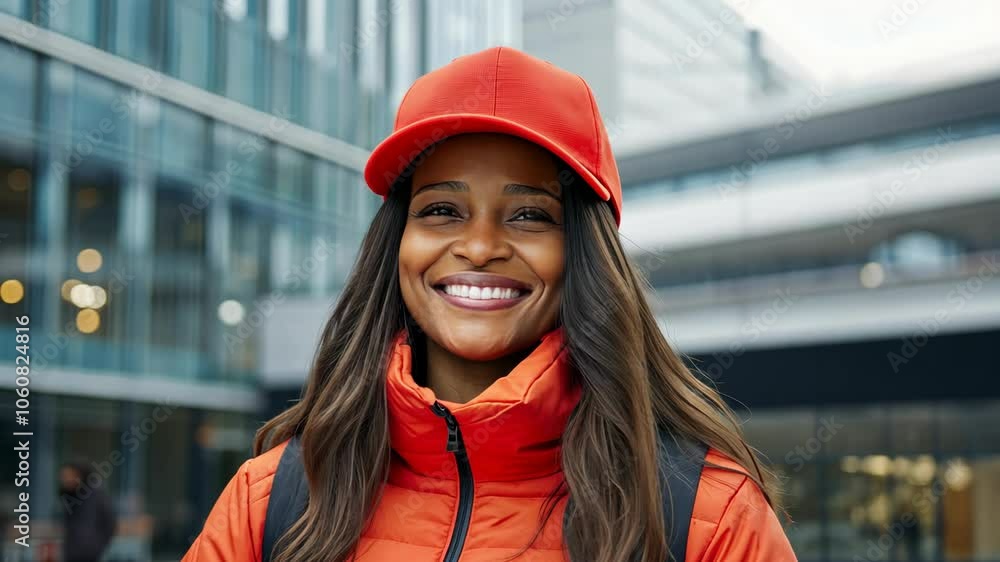 A woman with long dark hair wears a red hat and jacket while smiling in front of a modern building A woman with long dark hair wears a red hat and jacket while smiling in front of a modern building