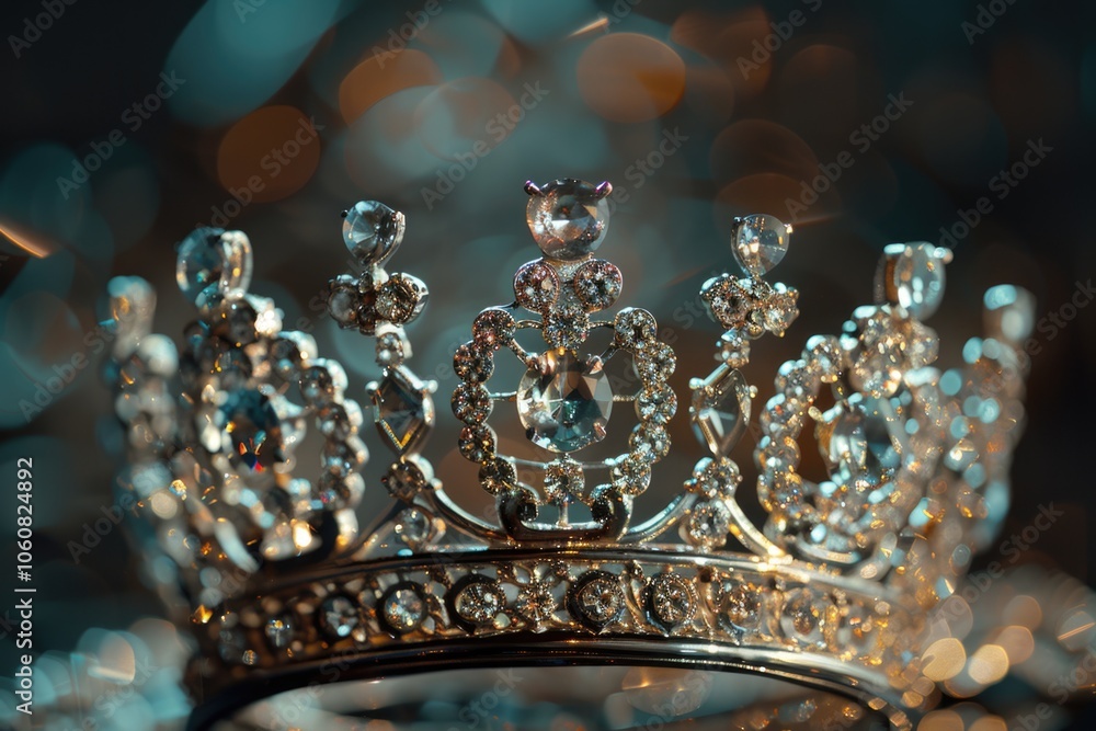 A luxurious diamond crown sits atop a table, perfect for showcasing at a jewelry store or in a luxury lifestyle setting A luxurious diamond crown sits atop a table, perfect for showcasing at a jewelry store or in a luxury lifestyle setting