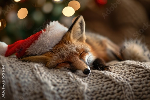 A sleeping fox dressed as Santa Claus photo