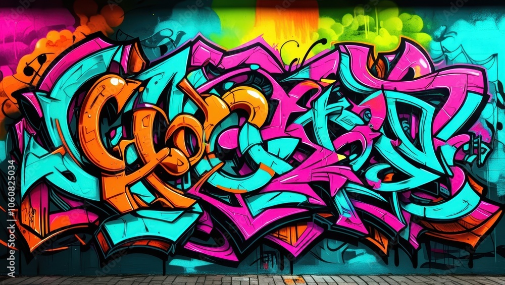 Colorful graffiti art, vibrant street mural, wildstyle lettering, neon colors, abstract urban design, spray paint texture, dynamic curves and arrows, intricate overlapping shapes, psychedelic color pa Colorful graffiti art, vibrant street mural, wildstyle lettering, neon colors, abstract urban design, spray paint texture, dynamic curves and arrows, intricate overlapping shapes, psychedelic color pa