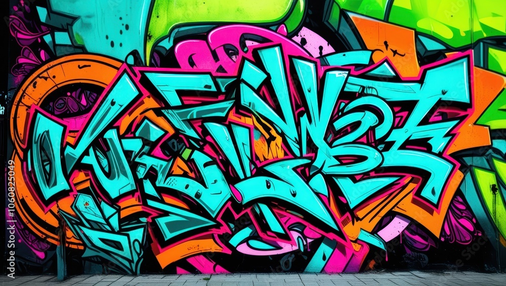 Fototapeta premium Colorful graffiti art, vibrant street mural, wildstyle lettering, neon colors, abstract urban design, spray paint texture, dynamic curves and arrows, intricate overlapping shapes, psychedelic color pa