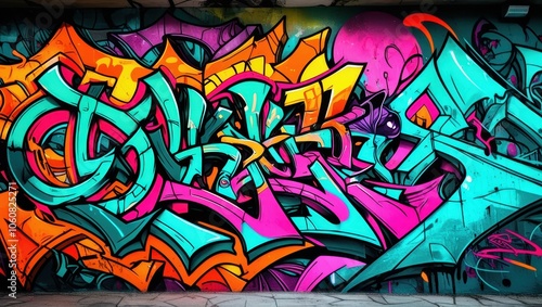 Colorful graffiti art, vibrant street mural, wildstyle lettering, neon colors, abstract urban design, spray paint texture, dynamic curves and arrows, intricate overlapping shapes, psychedelic color pa