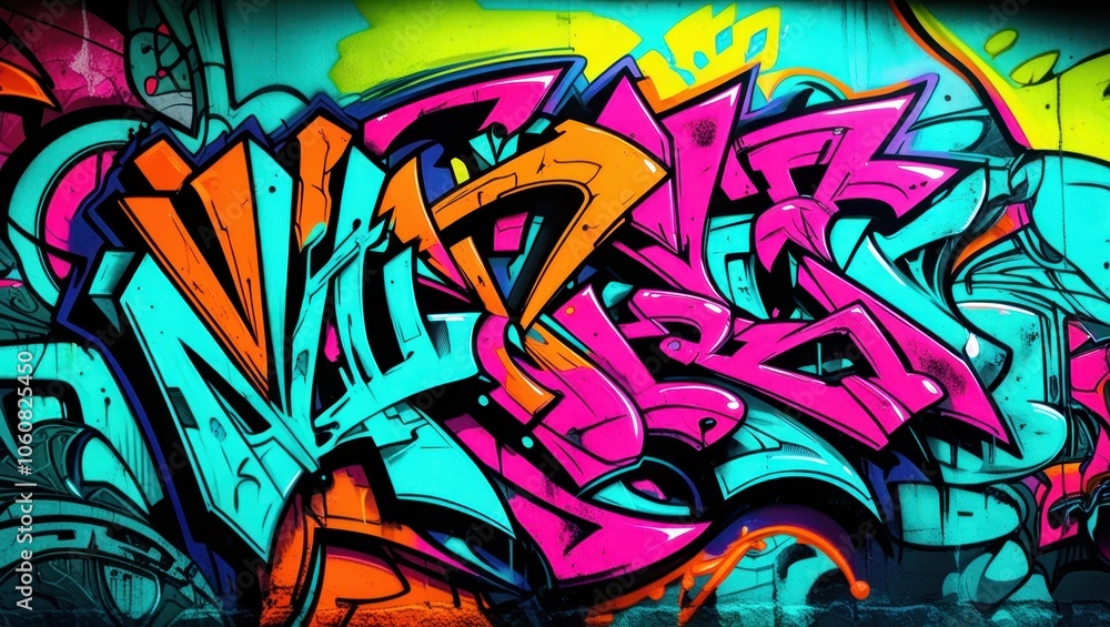 Obraz premium Colorful graffiti art, vibrant street mural, wildstyle lettering, neon colors, abstract urban design, spray paint texture, dynamic curves and arrows, intricate overlapping shapes, psychedelic color pa