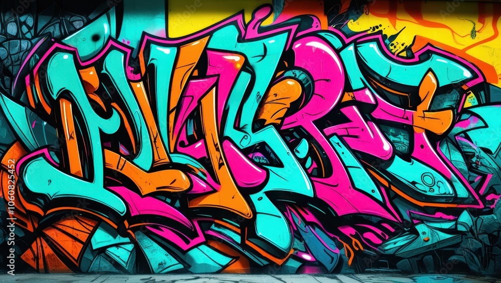 Obraz premium Colorful graffiti art, vibrant street mural, wildstyle lettering, neon colors, abstract urban design, spray paint texture, dynamic curves and arrows, intricate overlapping shapes, psychedelic color pa