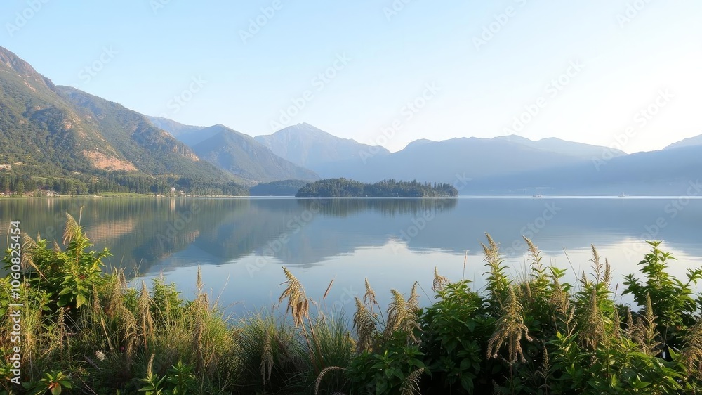 Obraz premium Lush green mountains reflecting in a crystal clear lake under a blue sky, lake, tranquil