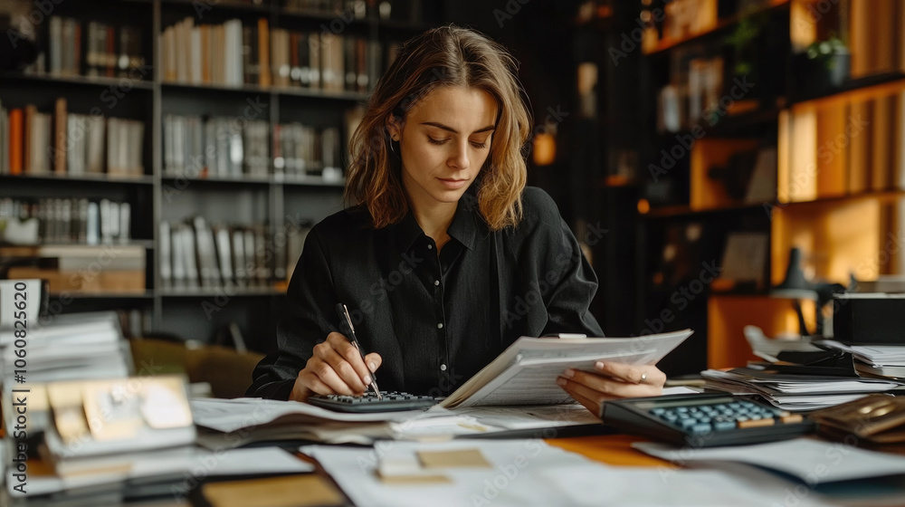 A woman focuses intently on financial documents, calculating figures at her cluttered desk filled with papers and surrounded by shelves of books A woman focuses intently on financial documents, calculating figures at her cluttered desk filled with papers and surrounded by shelves of books