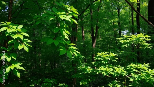 Lush green forest with vibrant leaves and sunlight filtering through the trees, serene, trees