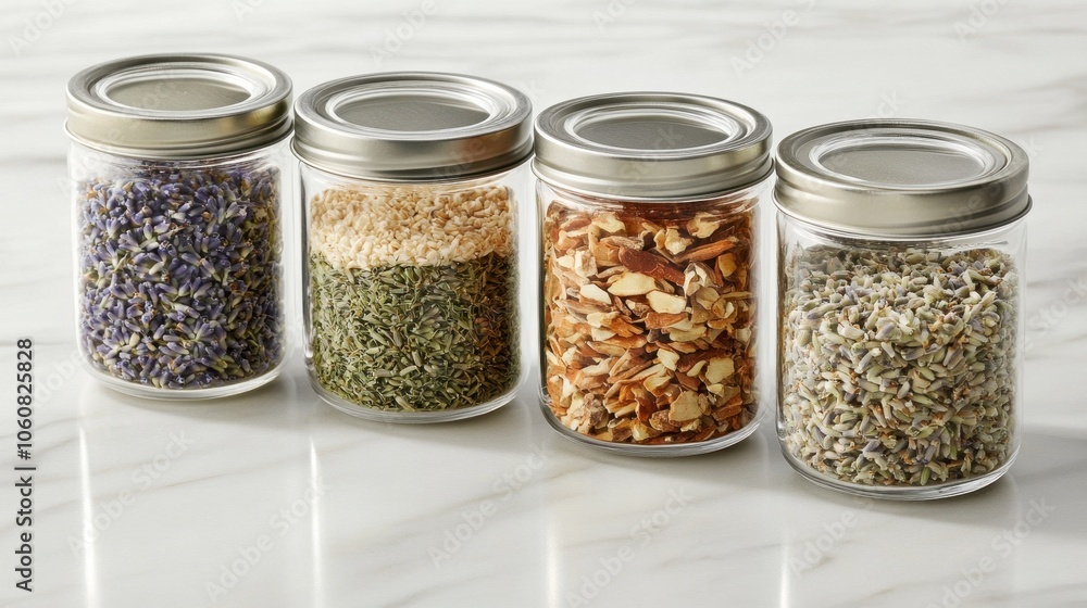 Assortment of Spices and Herbs in Glass Jars Assortment of Spices and Herbs in Glass Jars