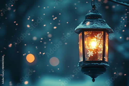 Cozy winter scene featuring a lantern and falling snowflakes, illuminated by warm light on a Christmas night.