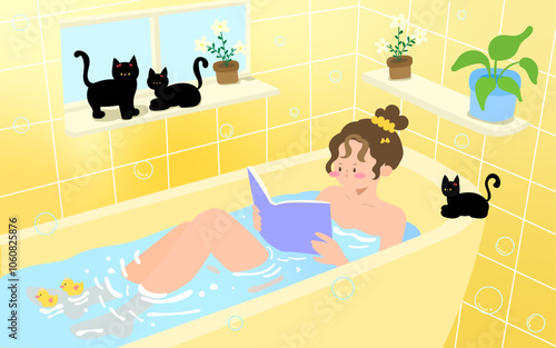 A Woman in the Bathtub with Reading and Black Cats. Cozy Self Care Illustration for Relaxation and Wellness